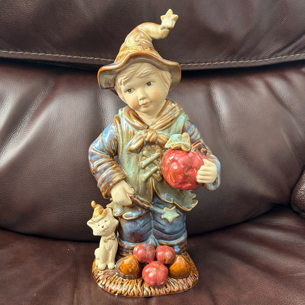 Wizard Boy with Dog & Apples - Large Vintage Ceramic Halloween Figurine